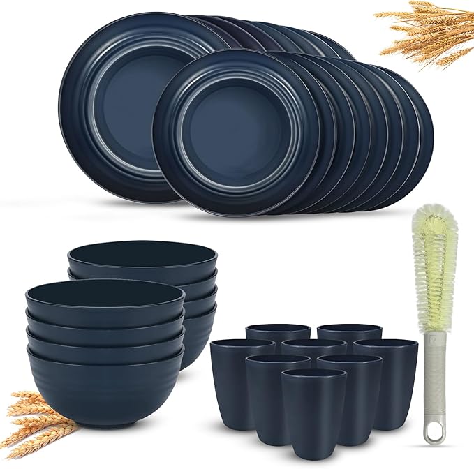 Kitchen Wheat Straw Dinnerware Sets (33pcs) Attached cleaning brush,Service For 8,Plastic Plates and Bowls Sets,Unbreakable Dinnerware,Lightweight Plastic Plate Set (Navy blue)
