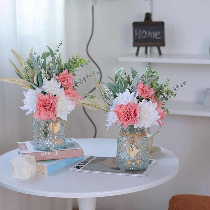 Faux Flowers with Vase,Artificial Silk Flowers in Vase, Fake Plant Eucalyptus and Willow,Flower Arrangement for Home Farmhouse Dining Table Centerpiece Decorations Coffee Table Decor (Dusty Pink)