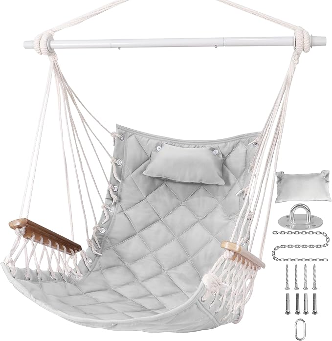Hammock Chair Hanging Swing with Wooden Armrests;Steel Spreader Bar,Pillows,Hardware kit Included;Cotton Woven Fabric;Up to 350 Lbs,for Indoor Light Grey