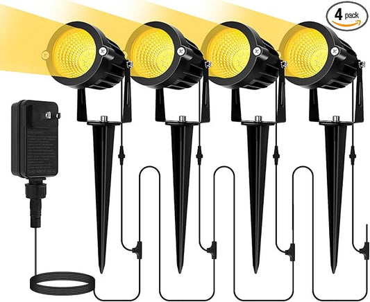 Low Voltage Landscape Lighting Kit: 4-IN-1 LED Low Voltage Landscape Lights with Plug-in Transformer | 6W 24V 2700K Warm White Outdoor Spot Lights, IP65 Waterproof Spotlight for Yard House Garden Tree