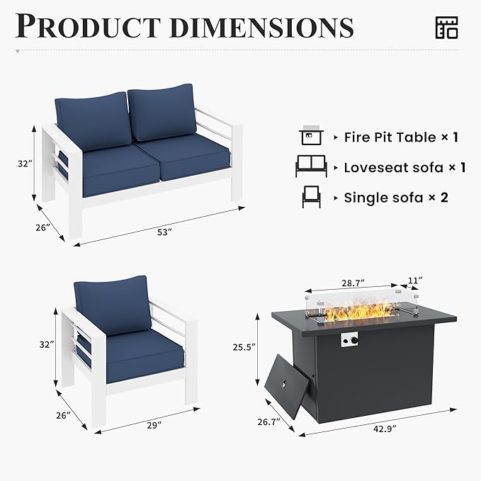 Patio Furniture Set with Fire Pit Table, Aluminum Patio Furniture Set,Blue Outdoor Metal Sectional Sofa with Aluminum Fire Pit Table for Garden Backyard (Include Waterproof Cover)