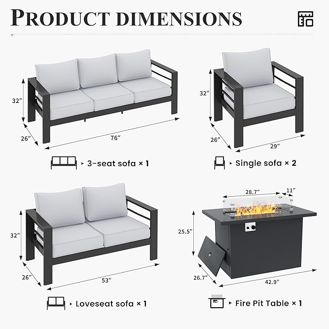 Aluminum Patio Furniture Set with Fire Pit Table, 8-Piece Metal Outdoor Furniture with Waterproof Covers for Backyard Garden (Dark Grey & Light Grey)