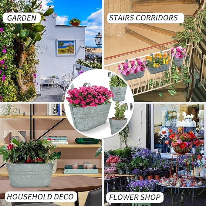 3 Pcs Metal Wall Hanging Planter Pots, Vintage Flower Pots for Railing Fence, Hanging Bucket Pots, Window Flower Plant Holder with Detachable Hooks Home Decor (Silver)