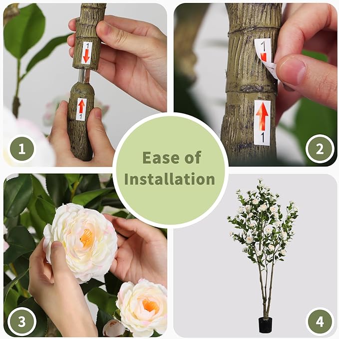 Faux Camellia Flower Tree 7ft(84in) Artificial Floor Plant for Indoor Decor Realistic Greenery Potted Tree with White Blooming Flowers and Natural Wood Trunk for Home Living Room,Office,Porch Decor