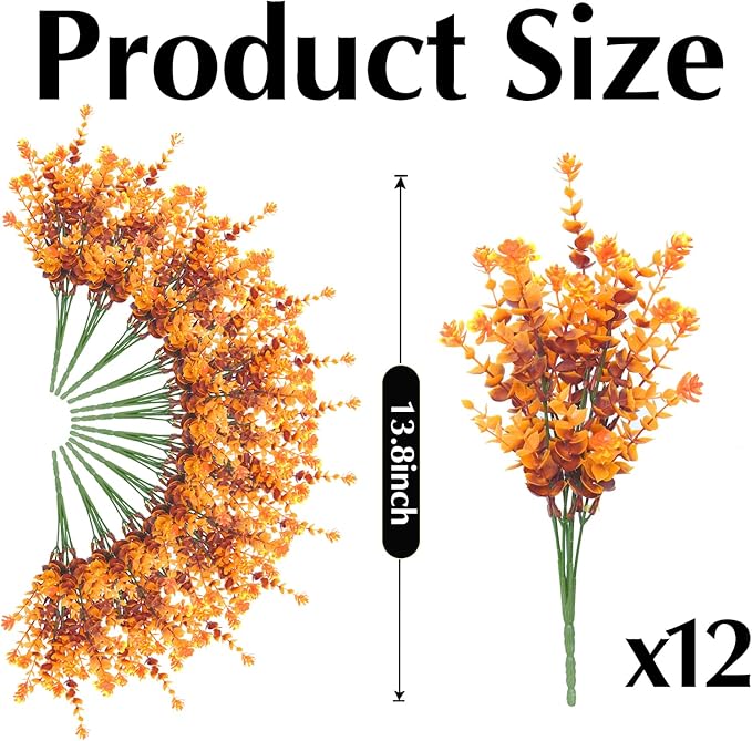 Artificial Mums for Outdoors, 12 Bundles Faux Mums for Fall Planters,Uv Resistant Eucalyptus Artificial Fake Flowers Plants, Realistic Fall Decor for Porch, Patio, Yard (Fall Stems)