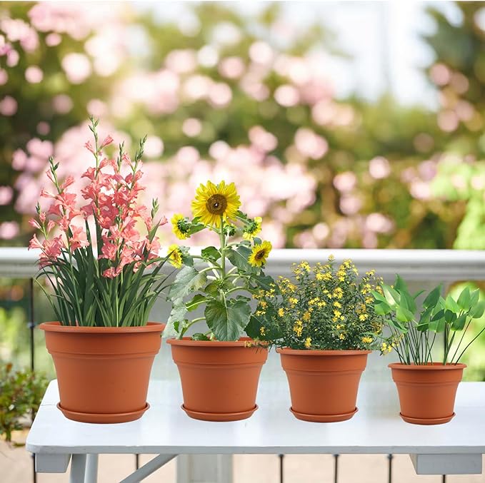 6 Inch Plastic-Flower Pot-for-Indoor Plants, 6 Pack Outdoor Plant Pots with Drainage Holes & Saucers, Resin Garden Pots Planters