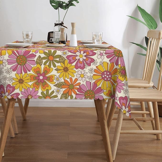 Retro Sunflower Table Cloth for Rectangle Dining Tables, Reusable Hippie Flowers Tablecloths Kitchen Tabletop Decoration Groovy Daisy Floral Table Cover for Holiday,Party,Picnic, 54x72Inch