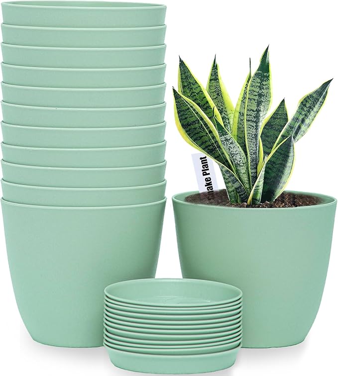 6inch 12Pack Plant Pots, Plastic Planter for Indoor Outdoor Flowers Plants, Green