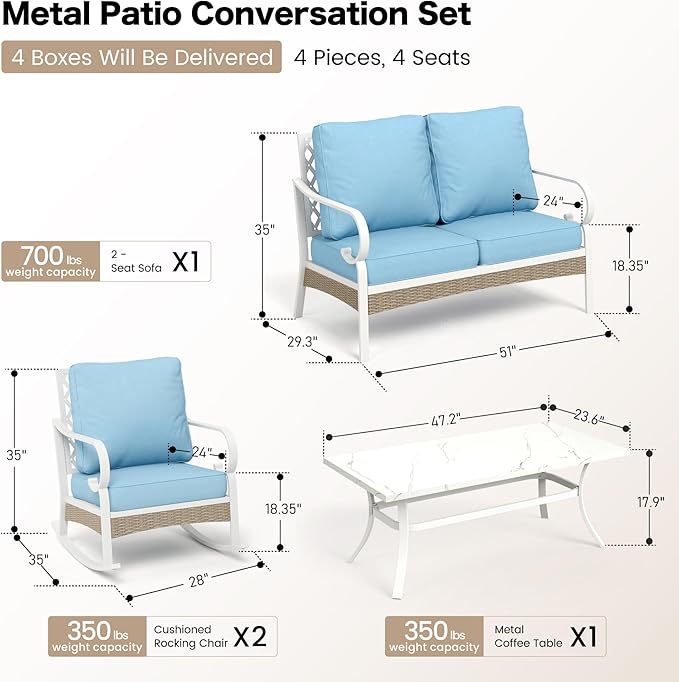 4 Piece Metal Outdoor Patio Furniture Sets, Patio Conversation Sets 1 2-seater Sofa, 2 Single Sofa with 5.75" Extra Thick Cushion and Coffee Table, White Frame Backyard Furniture, Blue