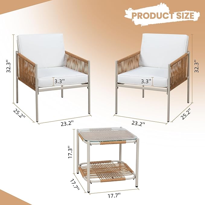 3 Pieces Patio Bistro Set,Outdoor Wicker Furniture Sets,Rattan Glass Table and Chairs Patio Conversation Set with Cushions for Lawn,Garden,Balcony(Beige)