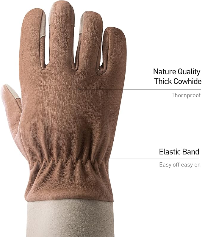 HANDLANDY Long Gardening Gloves for Men & Women, Thorn Proof Rose Pruning Gloves Leather Gauntlets Garden Glove Yard Work Glove (Large, Brown)