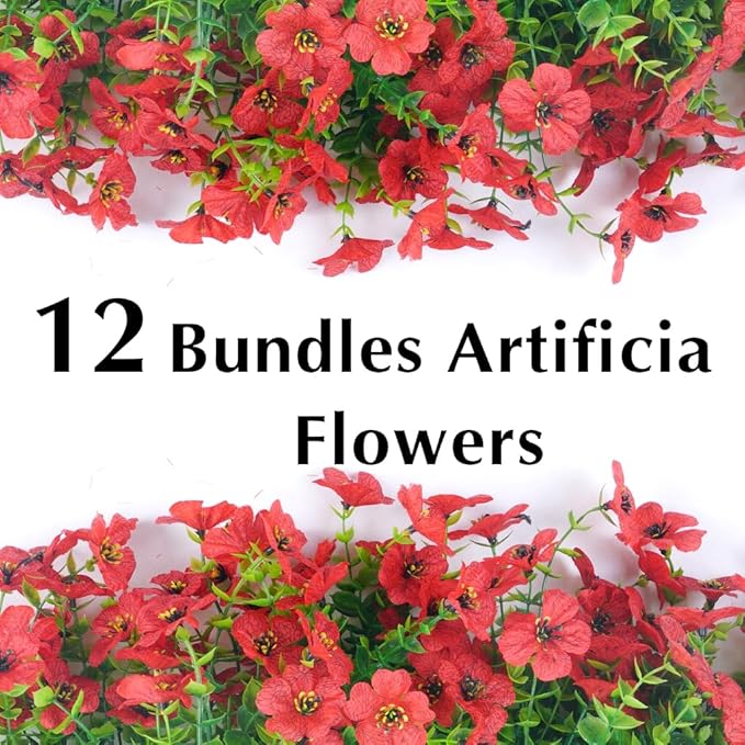 Artificial Flowers for Outdoors, 12 Bundles Outdoor Faux Plants,Uv Resistant Artificial Fake Flowers Plants, Realistic Spring Decor for Porch, Patio, Yard (Red)