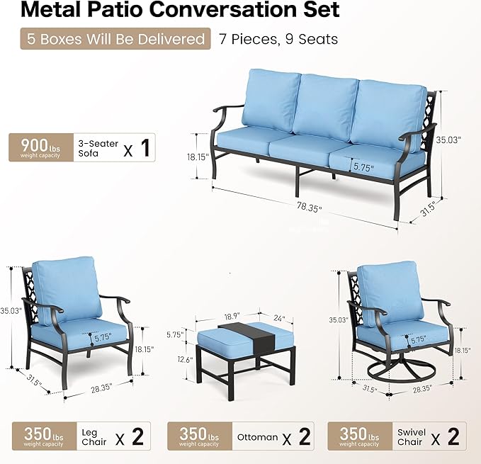 7 Piece Metal Outdoor Patio Furniture Set, Patio Conversation Sets 1 3-seater Sofa, 2 Fixed Chairs, 2 Swivel Chairs, 2 Ottomans with 5.75" Thick Cushion, Black Backyard Furniture, Blue