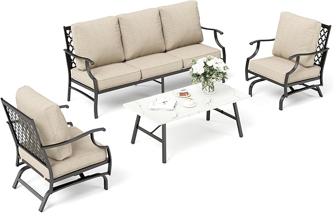 Patio Furniture Set, 4 Piece Modern Metal Outdoor Patio Furniture, 3 Seater Sofa, 2 Rocking Chairs, Coffee Table and 5.75" Extra Thick Cushion, Patio Conversation Set for Deck Backyard