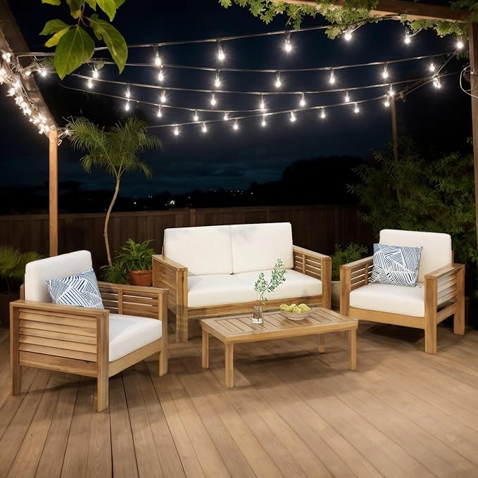 4-Piece Patio Furniture Set: Outdoor Acacia Wood Patio Furniture Set with Loveseat, Sectional Sofa & Coffee Table with Premium Cushions, Durable Conversation Set for Backyard, Garden (4, brown)