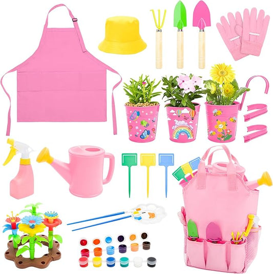 deAO Kids Gardening Set Arts and Crafts for Kids Paint Garden Tools DIY Flower Building Toys with Shovel, Trowel, Rake, Water Can,Gloves,Tote Bag,Apron,Painting Accessories,Outdoor Gift for Boys Girls
