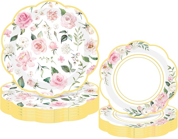 Mumufy 100 Pack Pink Floral Paper Plates 9" & 7" Disposable Wildflower Dessert Plates Floral Party Decoration Dinner Tableware for Wedding Birthday Baby Shower Bridal Garden Tea Party Supplies