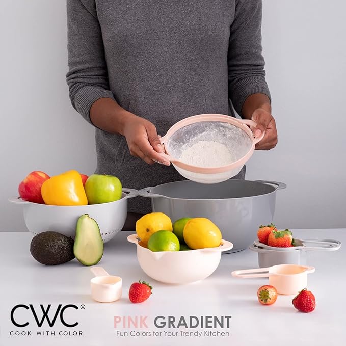 COOK WITH COLOR Nesting Bowls with Measuring Cups Colander and Sifter Set - Includes Mixing Bowls, Colander, Sifter and Measuring Cups, Pink, 8 Pc Bowl