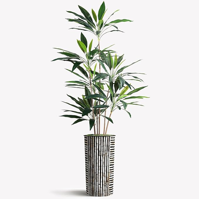 Artificial Tree in Black and Brown Striped Planter, Fake Dracaena Tree Silk Tree for Indoor and Outdoor Home Decoration - 66" Overall Tall (Plant Pot Plus Tree)