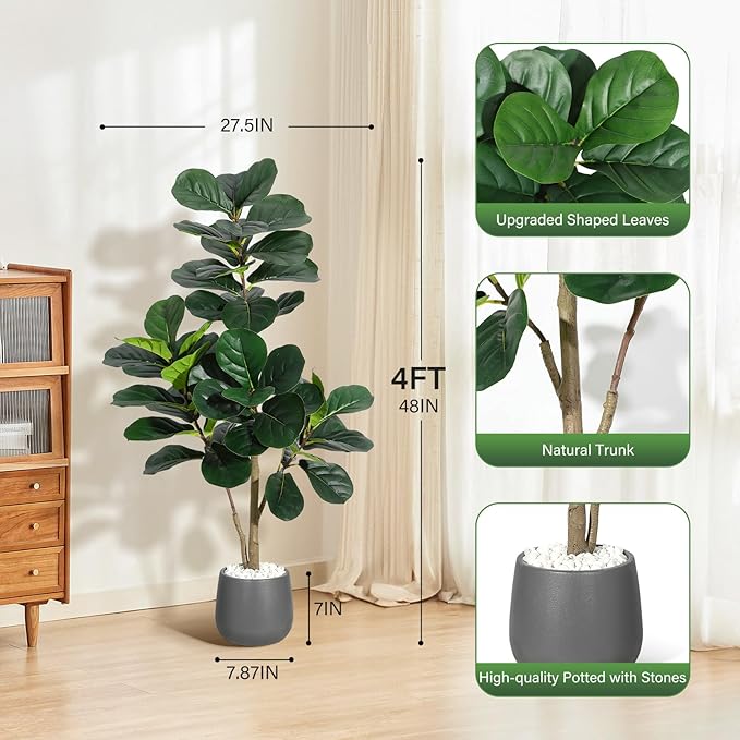 4FT Fiddle Leaf Fig Tree Artificial with 48 Leaves - Realistic Faux Ficus Lyrata Trees in 7.8" Grey Planter Pot, Indoor Fake Floor Plants for Home Office Living Room Decor, Housewarming Gift