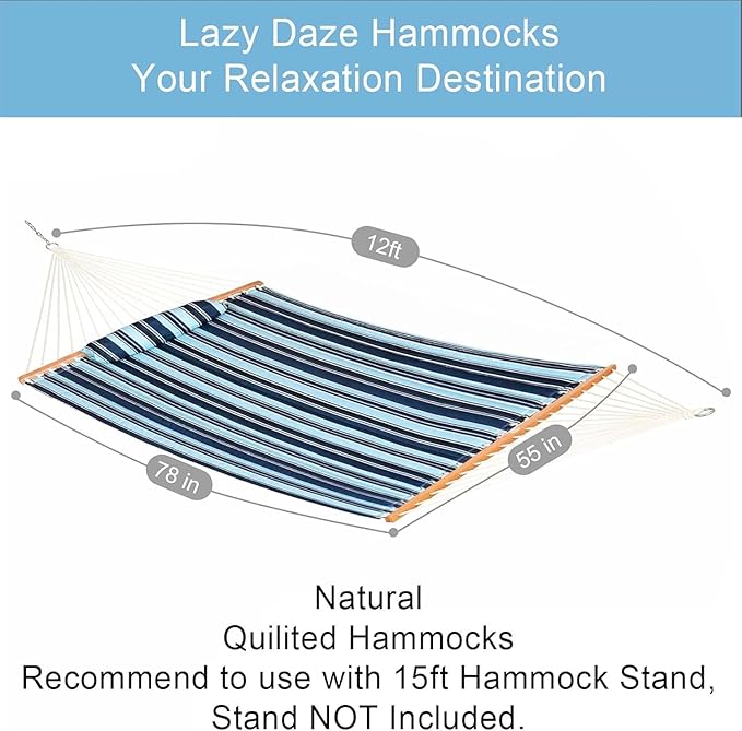 Lazy Daze Hammocks 12FT Quilted Fabric Hammock with Pillow, Double 2 Person Hammock with Spreader Bar for Outdoor Outside Patio Garden Yard Pool Beach,450lbs Weigh Capacity QFH034