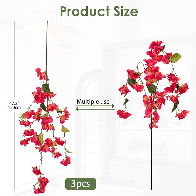 DILATATA Artificial Bougainvillea Branches 47" Long Wisteria Vines Trailing Artificial Flowers for Front Door Porch Planter Urn Patio Balcony Drooping Flowers Deep Rose Bugambilias