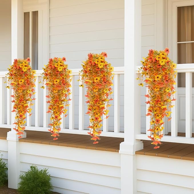 8PCS Hanging Fake Mums for Fall Decor,UV Resistant Artificial Flowers,Faux Mums for Outdoor Planters,Fall Flowers Artificial Decorations for Porch, Patio (OrangeYellow)