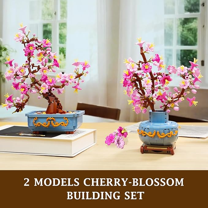HOGOKIDS Flowers Cherry-Blossom Bonsai Building Set - 2 in 1 Artificial Bonsai Tree Plants for Home Decor & Display Cherry Botanical Flowers Building Toy Birthday Gift for Adults Teens (775PCS)