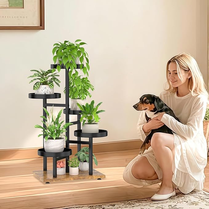 iDavosic.ly 5 Tier Plant Stand Indoor, Tiered Corner Flower Holder Shelf Outdoor, Metal Tall Orchid Display Rack for Patio Porch Garden Balcony Office Bedroom, Black and Brown