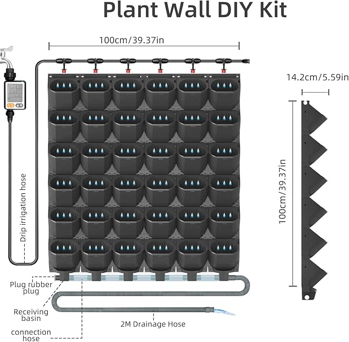 Self Watering Wall Planter with 36 Pots, Vertical Garden Planter for Indoor Plants, Wall Mounted planters Hanging Flower Herbs Vegetables, Wall Garden for Home (Black with Irrigation)