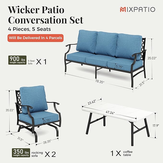 Patio Furniture Set 4 pcs, Outdoor Patio Furniture, 3-Seat Sofa, 2 Rocking Chairs, Coffee Table and 5.75" Extra Thick Cushion, Conversation Set for Backyard Deck, Navy Blue