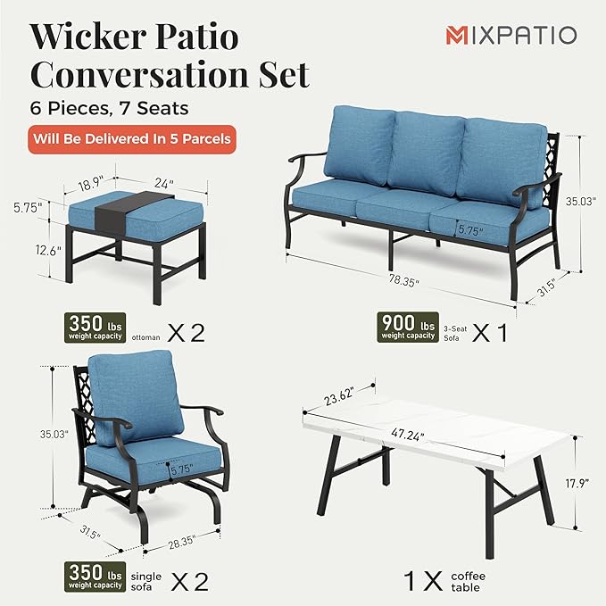 Patio Furniture Set 6 pcs, Outdoor Patio Furniture, 3-Seat Sofa, 2 Rocking Chairs, 2 Ottomans, Coffee Table and 5.75" Extra Thick Cushion, Conversation Set for Backyard Deck, Navy Blue