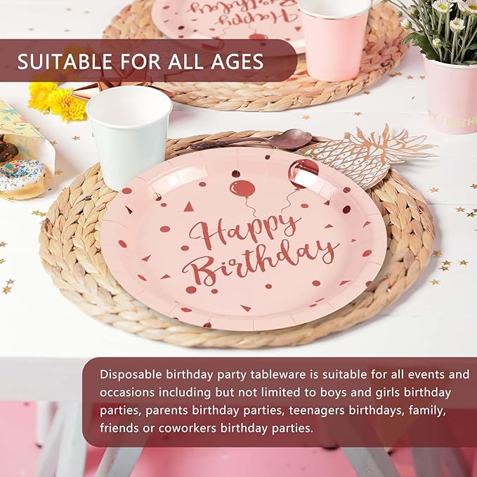 75PCS Happy Birthday Paper Plates - 7 Inch Rose Gold Dot Paper Plates and 6.5 Inch Napkins with 6.3 Inch Gold Forks Disposable Tableware Set for Birthday Party Decorations, Serves 25