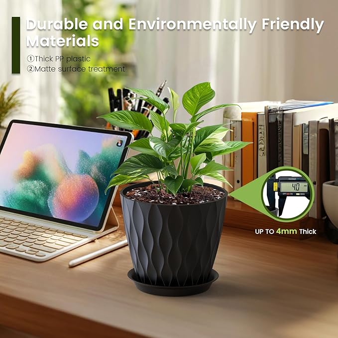 7 inch Plant Pots for Indoor Outdoor Plants, 5 Pack Thick Flowers Pots with Drainage Holes and Saucers, 3D Modern Wave Texture Plastic Planter Pots for House Plants, Black