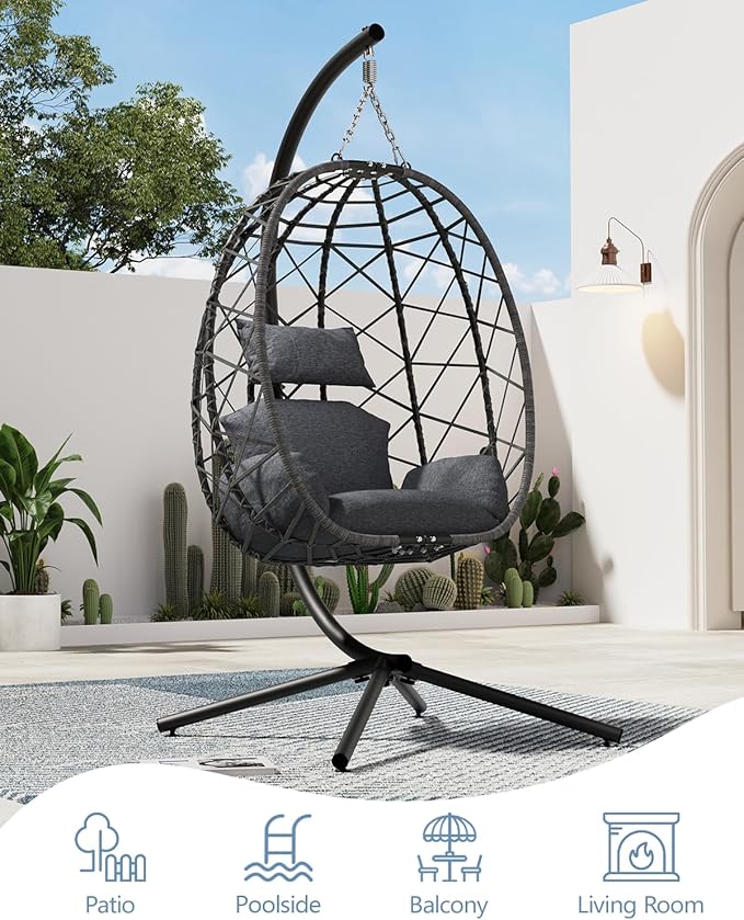 SWITTE Egg Swing Chair with Stand, Outdoor Patio Hanging Egg Chair, Indoor Hammock Chair with Cushion for Garden Backyard, 400LBS Capacity-Dark Grey