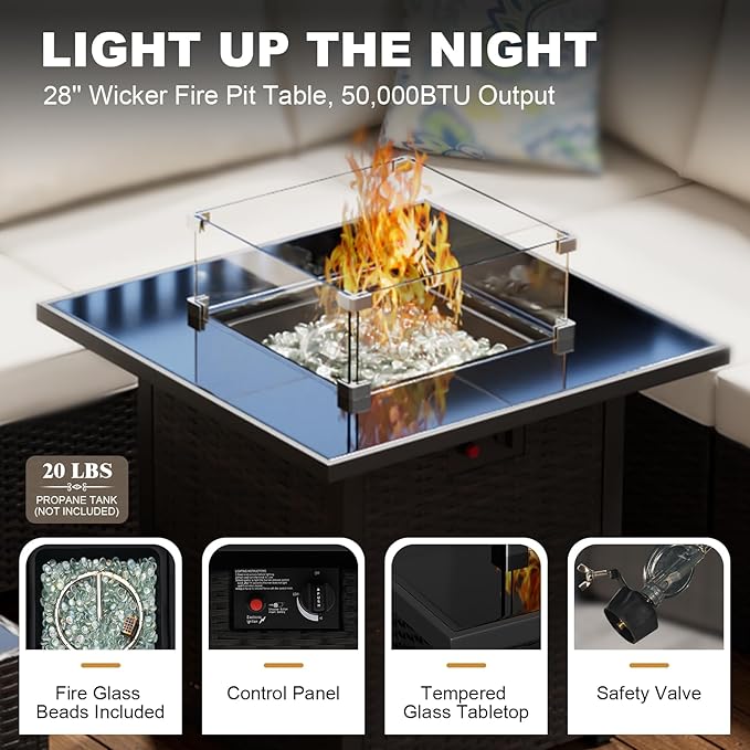 Patio Furniture Set with Fire Pit Table, 8-Piece Outdoor Furniture Sofa Set with Thick Cushions, Wicker Sectional Sofa for Porch Garden Backyard, Brown/Beige