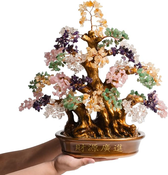 Natural Bonsai Feng Shui Money Tree, 18'', Includes Lucky Coins Chain, Tree of Life (1300 Gemstone Count), Good Luck and Wealth