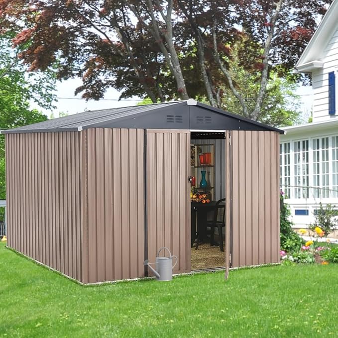 U-MAX 8' x 10' Shed Outdoor Storage Shed Clearance, Extra Large Yard Steel Metal Garden Shed with Design of Lockable Doors, Tool and Utility Storage for Backyard, Garden, Patio, Outside use in Taupe