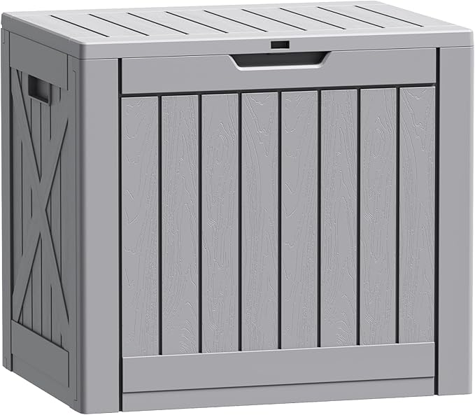 Flamaker Resin Deck Box 40 Gallon Waterproof Outdoor Indoor Storage Box Imitation Wood Resin for Patio Furniture Garden Tools and Pool (Gray)