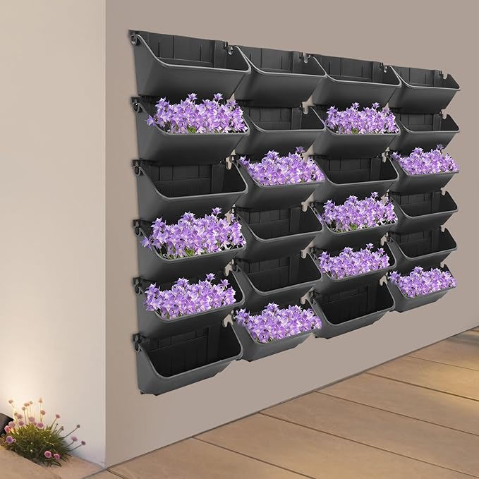 Vertical Wall Planter with 24 Plastic Pots, Wall-Mounted Garden Planter Stackable Wall Hanging Flower Pot Clasp Design with Grooves Drainage Holes for Indoor and Outdoor (Black 24)