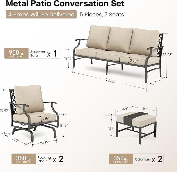 Patio Furniture Set, Modern Metal Outdoor Patio Furniture, 3 Seater Sofa, 2 Rocking Chairs, 2 Ottomans and 5.75" Extra Thick Cushion, Patio Conversation Set for Garden Backyard Deck