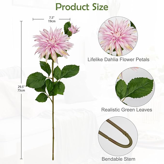 3Pcs Pink Artificial Dahlia Flowers Fake Flower Silk Flowers with Long Stem 29.5" Floral Arrangements Bouquets Faux Dahlias Flowers for DIY Wedding Party Centerpieces Decor Home Office Decoration