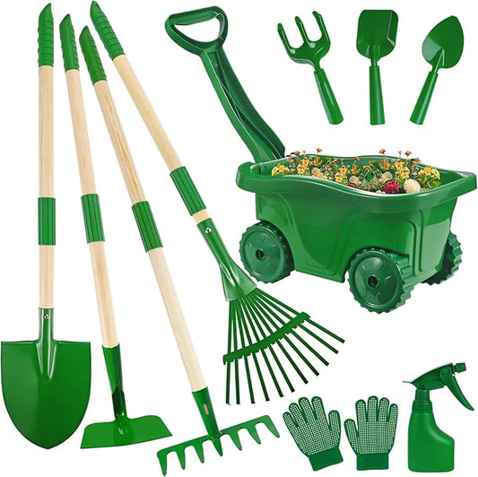 Duckura Kids Gardening Tools Set - 10pcs Wheelbarrow Set for Kids with Shovel, Rake, Leaf Rake, Summer Outdoor Yard Digging Weed Toys, Halloween Birthday Gifts for Boys Girls Age 2 3+ Years Old(Green)