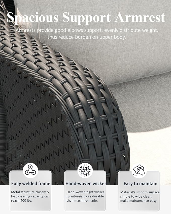 LayinSun 3 Piece Wicker Outdoor Furniture Set with 6-inch Comfy Cushions, High Back Patio Furniture Set with Rattan Armchairs and Side Table