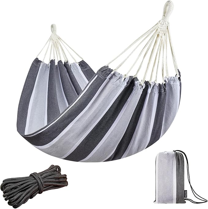 JoyView Brazilian Hammock for Single Person - Portable Cotton Hammock with Hanging Ropes & Carry Bag - 78.8x39.4' - 300LBS Capacity - Perfect for Outdoor/Indoor - Grey Stripe