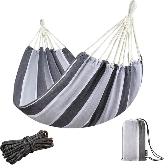 JoyView Brazilian Hammock for Single Person - Portable Cotton Hammock with Hanging Ropes & Carry Bag - 78.8x39.4' - 300LBS Capacity - Perfect for Outdoor/Indoor - Grey Stripe