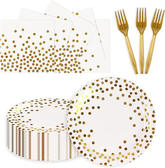 150PCS Paper Plates and Napkins Set - White and Gold Dot Disposable Party Dinnerware Includes Paper Plates, Napkins, Forks Decorations for Birthdays, Graduations, Weddings and Holidays, Serves 50