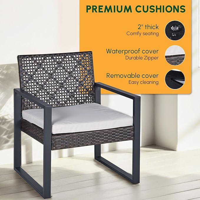 BEEFURNI Wicker Patio Furniture Outdoor Conversation Set of 4, Acacia Wood Table, 2 Rattan Chairs, Loveseat, 2” Cushions, All-Weather, Easy Assembly, 1-Year Manufacturer Warranty (Black)