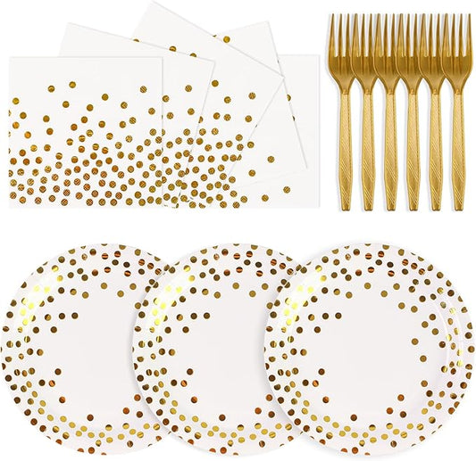 75PCS Paper Plates and Napkins Set - White and Gold Dot Disposable Party Dinnerware Includes Paper Plates, Napkins, Forks Decorations for Birthdays, 2025 Graduations, Weddings and Holidays, Serves 25