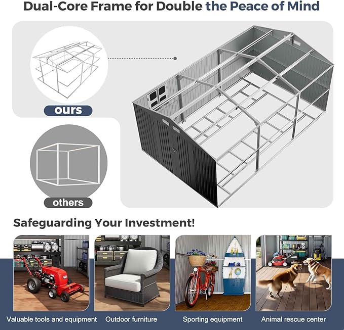 Large Metal Shed 10x16 FT with Floor Fame Kit, with Customizable Skylight and Reinforced Steel Frame, Heavy-Duty Galvanized Steel Big Garden Sheds with Base, Lockable Doors,4 Pane Windows,